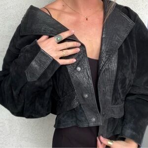 Cropped Black Suede Textured Leather Jacket